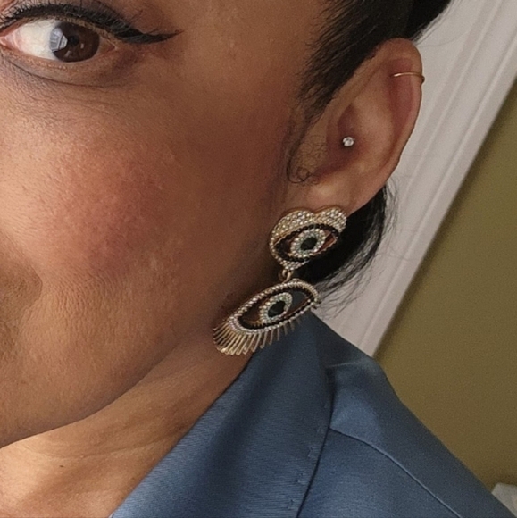 Evil Eye Gold Crystal Heat Large Earings - Picture 2 of 5